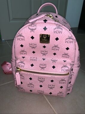MCM Pink Logo Coated Canvas Mini Backpack with Gold Hardware